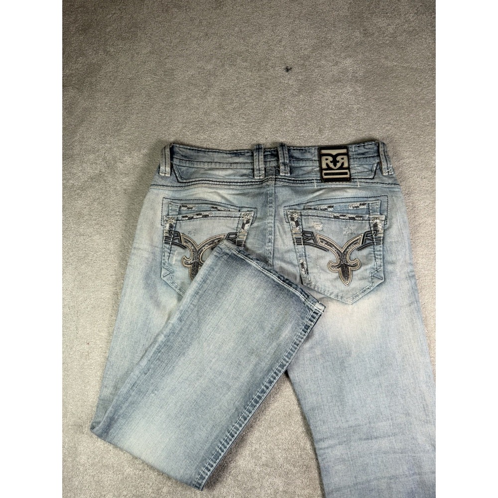 Rock Revival Bootcut Jeans Mens 36* Blue Cadda Boot Distressed Embroidered Y2K *